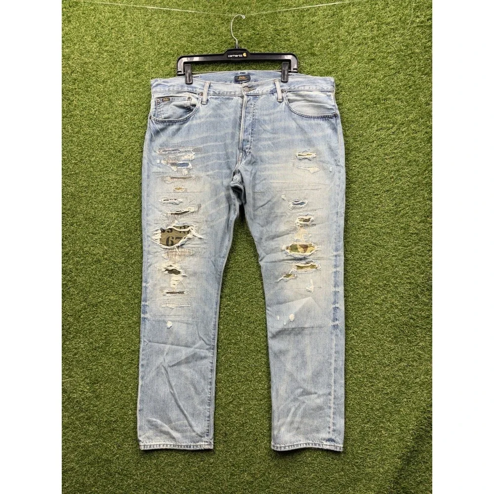 Polo Ralph Lauren Jeans Mens 40x32 Varick Slim Repaired Patchwork Distressed
